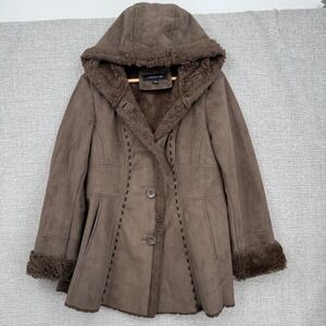 Jones New York Womens Penny Lane Brown Faux Suede Fur Trim Hood Coat Jacket Sz L